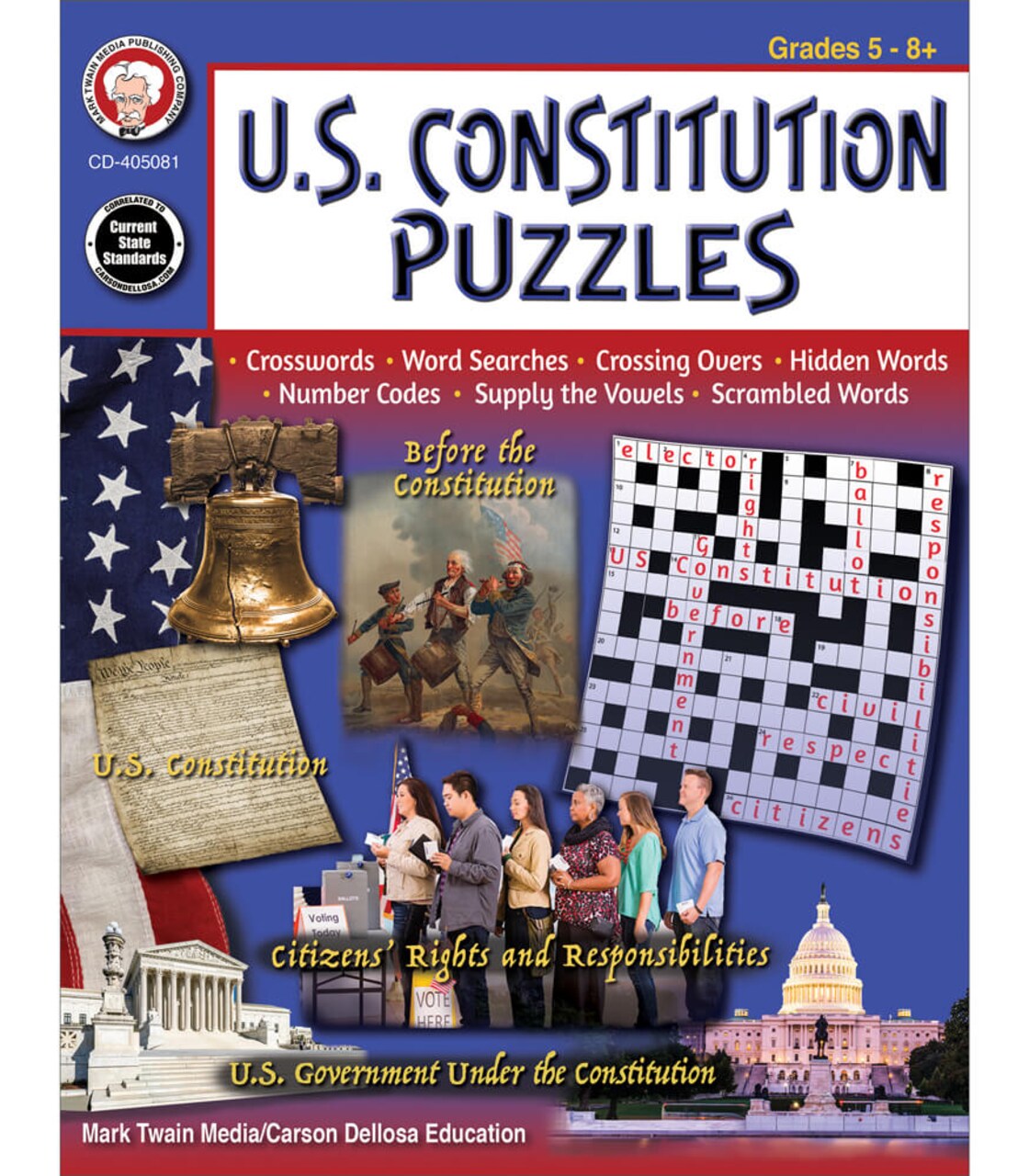 US Constitution Puzzles Activity Book, US History 5th Grade Workbooks and Up, Constitution of the United States Crossword Puzzles, Word Searches, Games, Grade 5-12 Classroom or Homeschool Curriculum